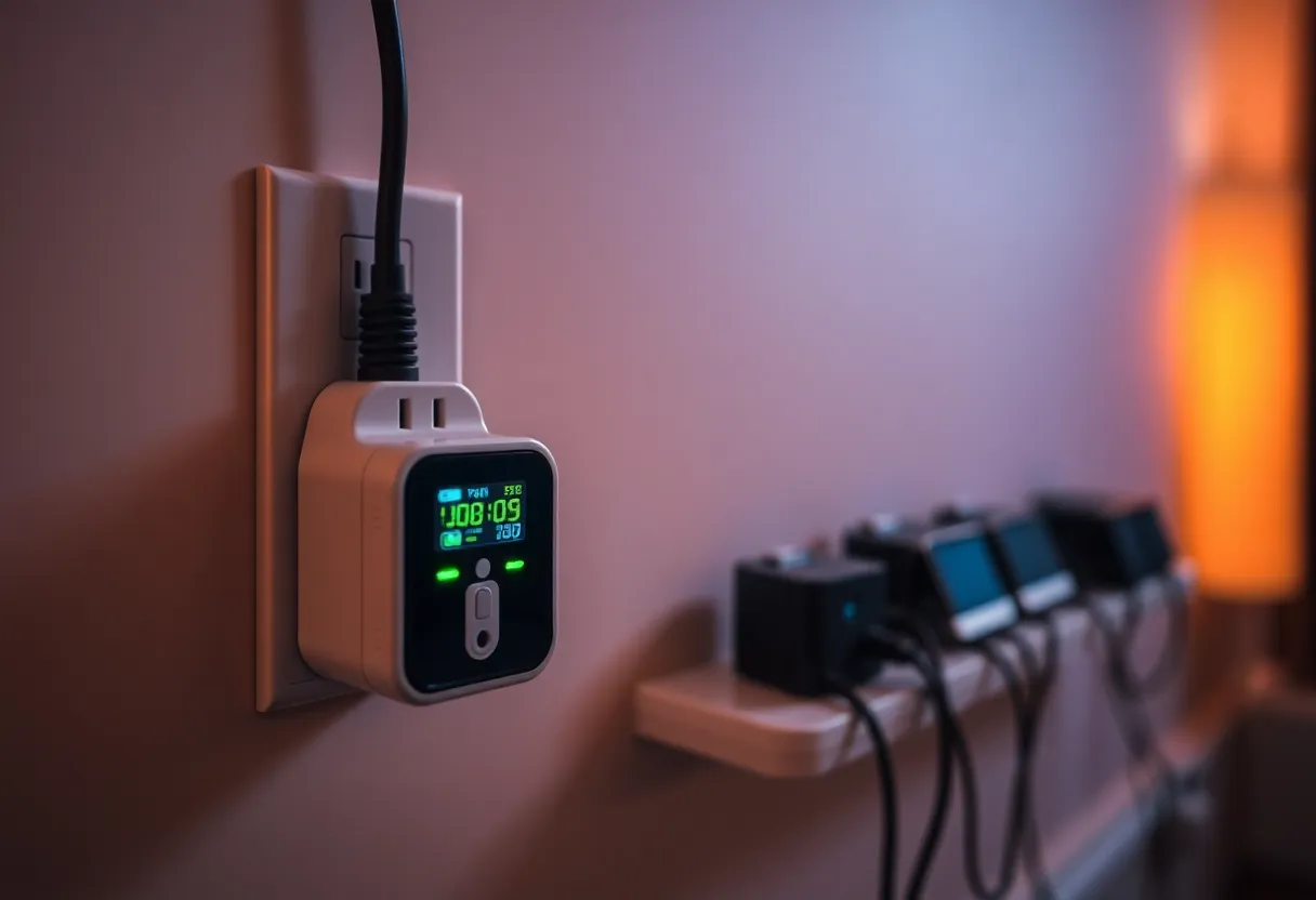 Smart plug energy monitor feeding a power strip with several small computers plugged in