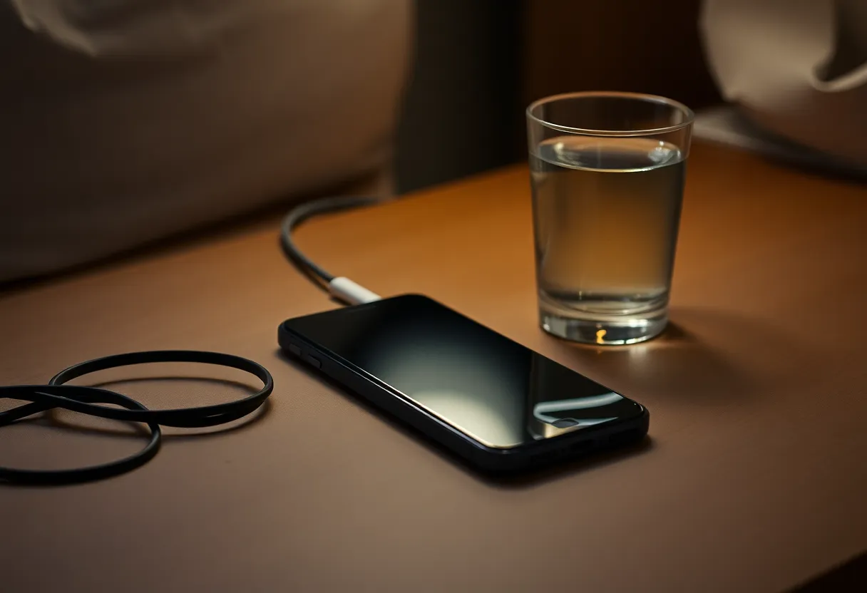 A phone lying face up on a nightstand beside a charging cable and a glass of water