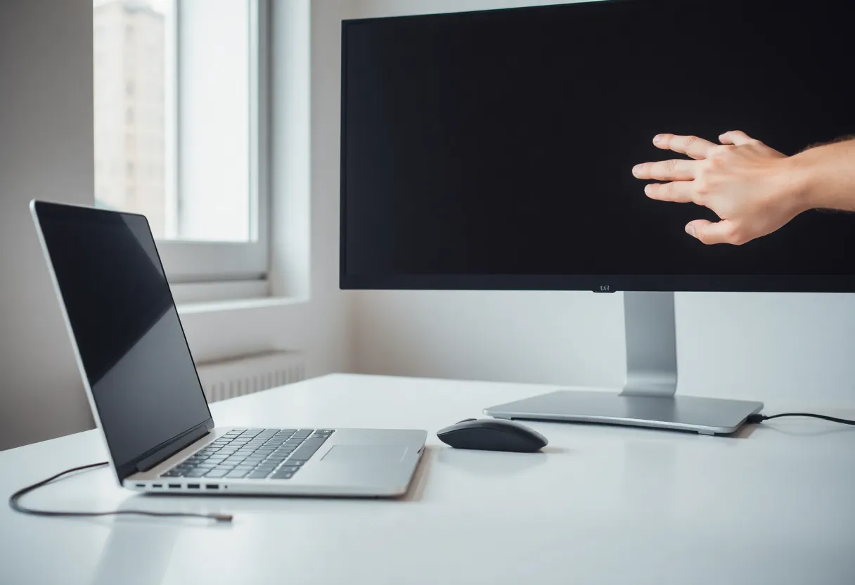 A laptop and external monitor side by side on a desk with a hand moving a mouse