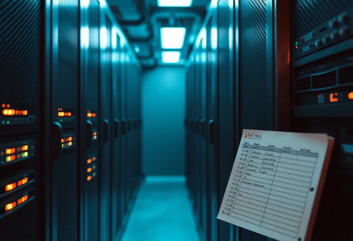 Server closet and a notebook with cron times, cool light