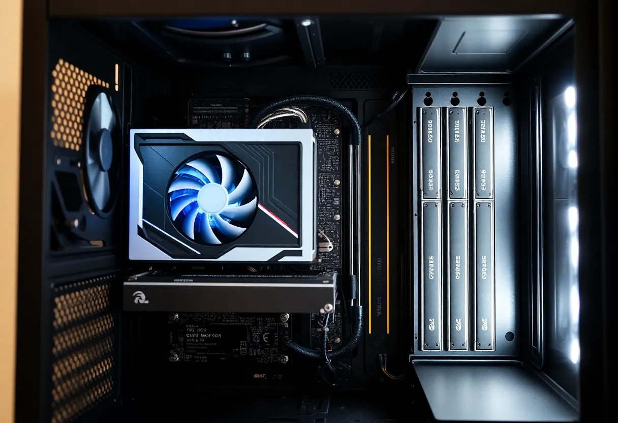 Inside an open desktop PC case showing a graphics card in its PCIe slot and four memory modules beside the CPU cooler