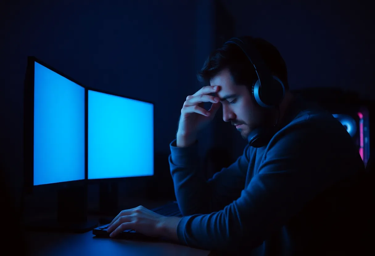 A tired man rubbing his eyes at a desk late at night with two monitors glowing blue and a gaming PC under the desk