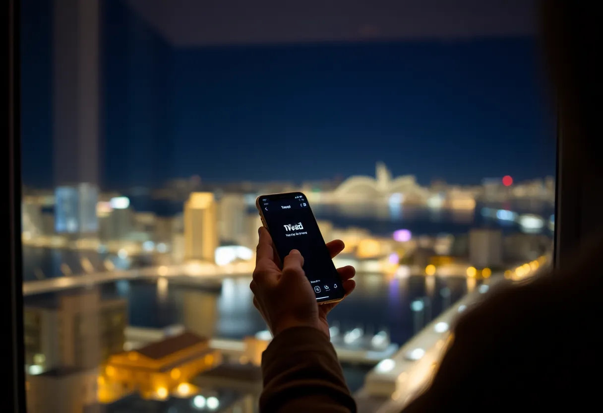 A person in a Sydney apartment at night waiting for a page to load on a phone