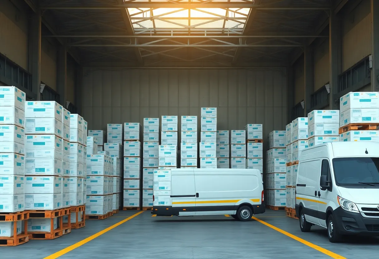 Neatly stacked identical parcels at a regional warehouse loading dock ready for local delivery