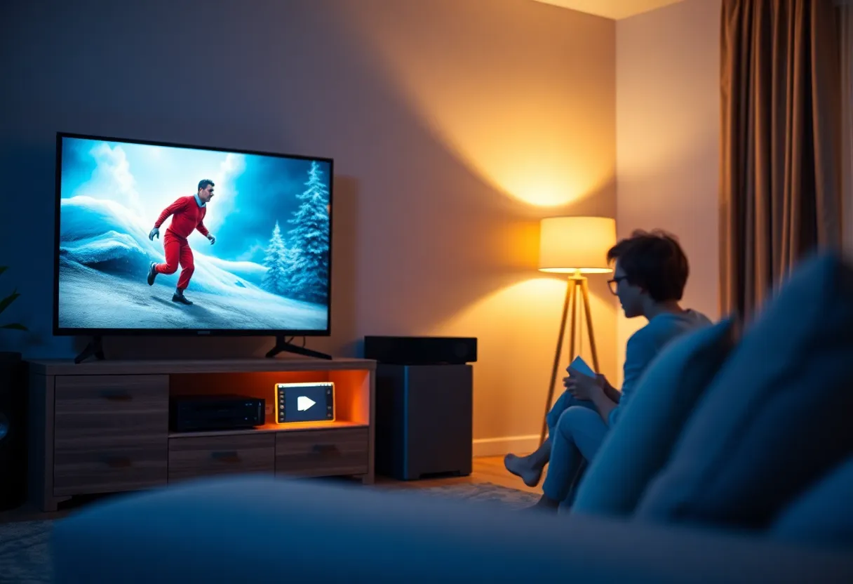 Living room in the evening with a TV playing a movie and a small computer glowing under the TV stand