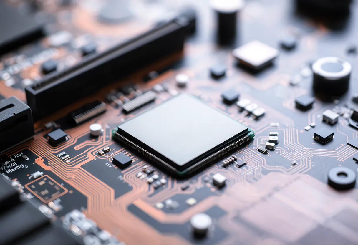 Macro photograph of a laptop motherboard with memory chips soldered around the central processor