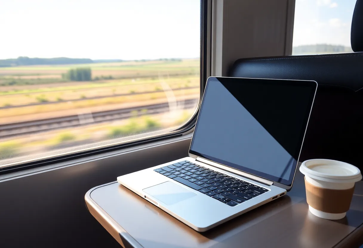 A slim laptop open on a train tray table running on battery with countryside blurred through the window