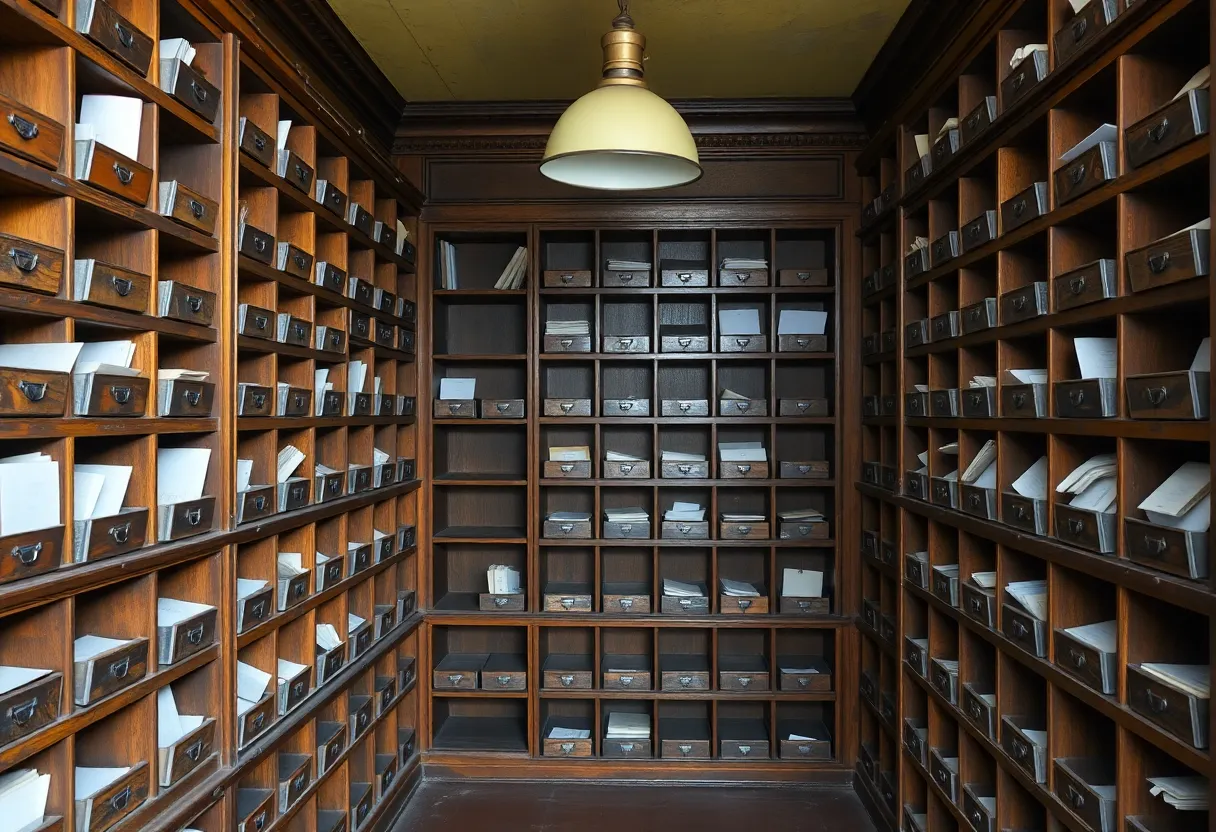 Wooden pigeonhole shelves in an old sorting room, some slots filled with envelopes and some empty