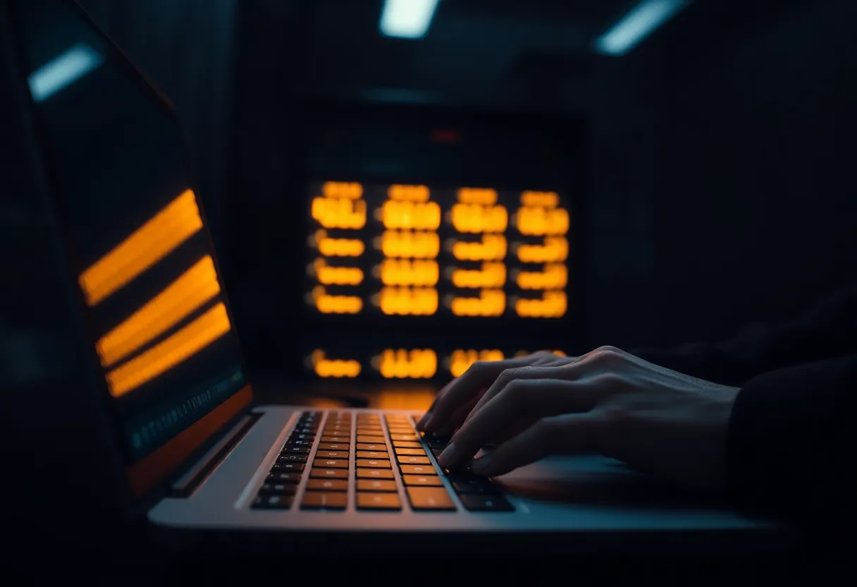 Hands on a keyboard in a dark room with a laptop glowing and a rack server blinking behind