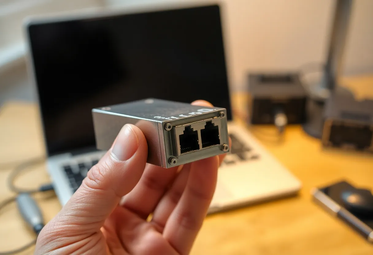 A hand holding a network adapter with a heatsink in front of a laptop on a workbench