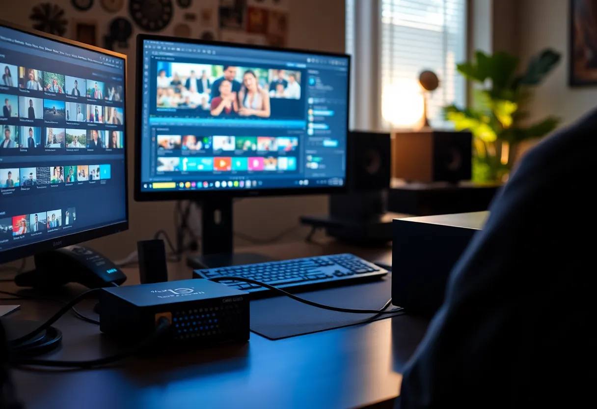 A video editor at a desk with a large monitor showing a timeline and an ethernet cable running to a storage box