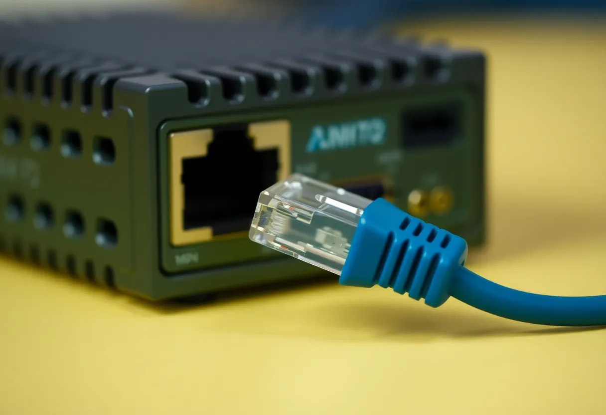 Mini PC with a single ethernet cable on a desk