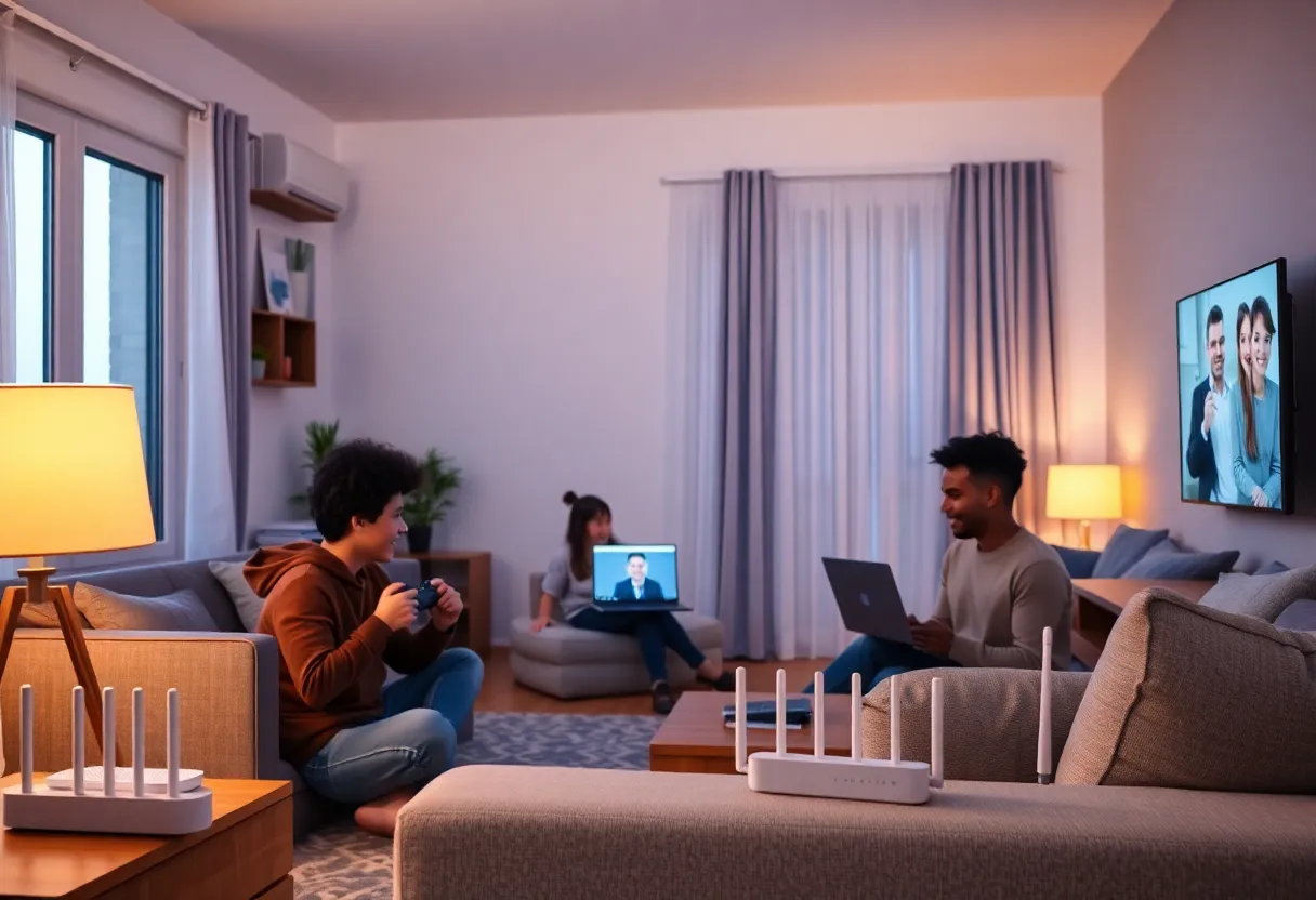 A family living room in the evening with a console, a laptop video call, and a streaming TV near a router