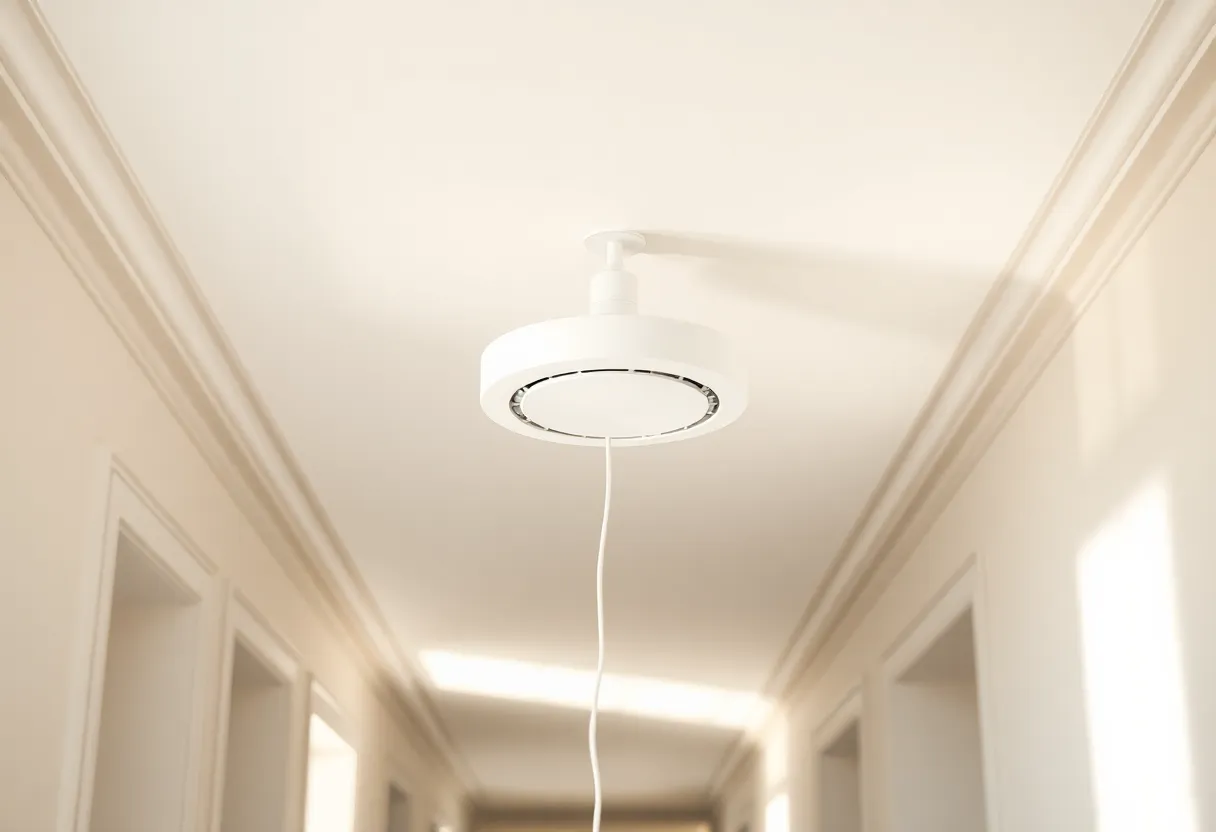 A ceiling-mounted wireless access point in a hallway with a single cable running into the ceiling
