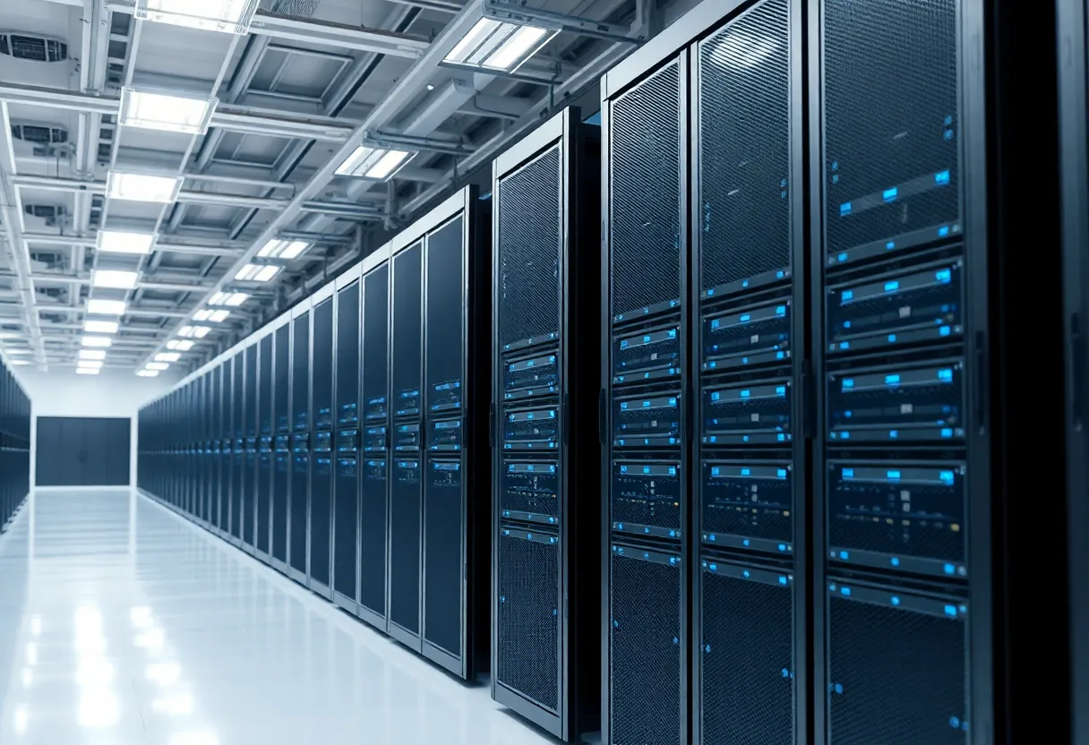 Row of identical rack servers in a bright commercial data center