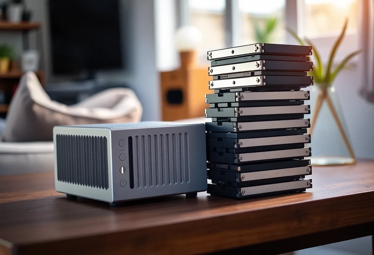 Stack of large hard drives on a wooden table next to a small home NAS
