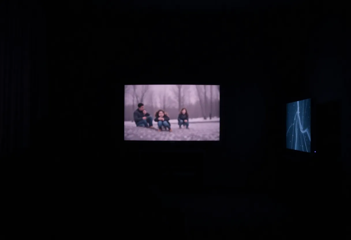 A dark living room with a family on a sofa watching a frozen, blurry picture on a television, with a small mini PC under the TV stand