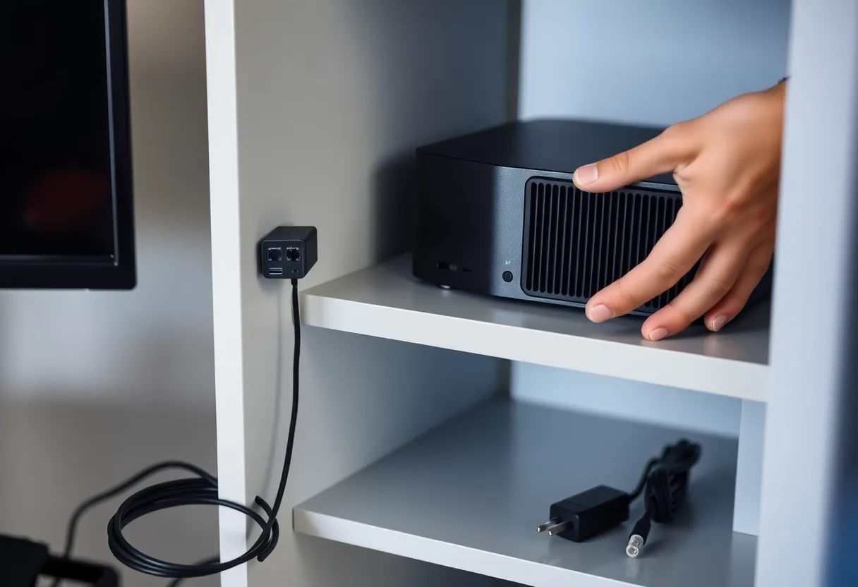 Hands placing a tiny fanless computer on a shelf beside a larger mini PC, with a coiled network cable and power adapter nearby