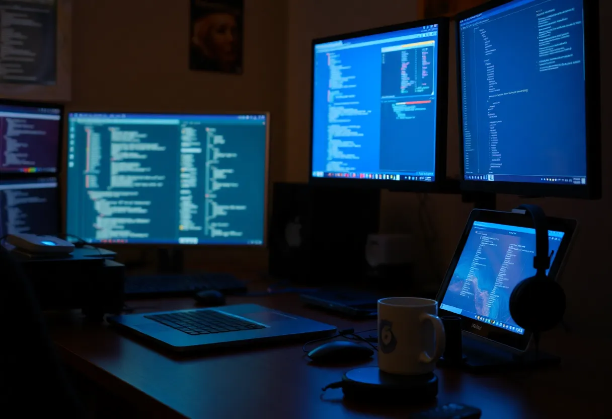 A developer desk at night with a laptop and external monitor showing many open windows