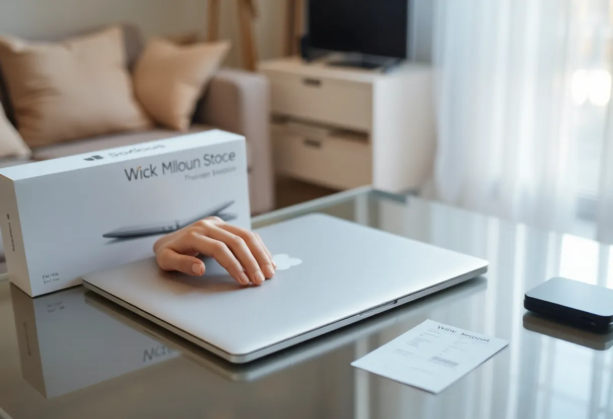 A thin laptop closed on a table next to its box and receipt with a hand resting on it