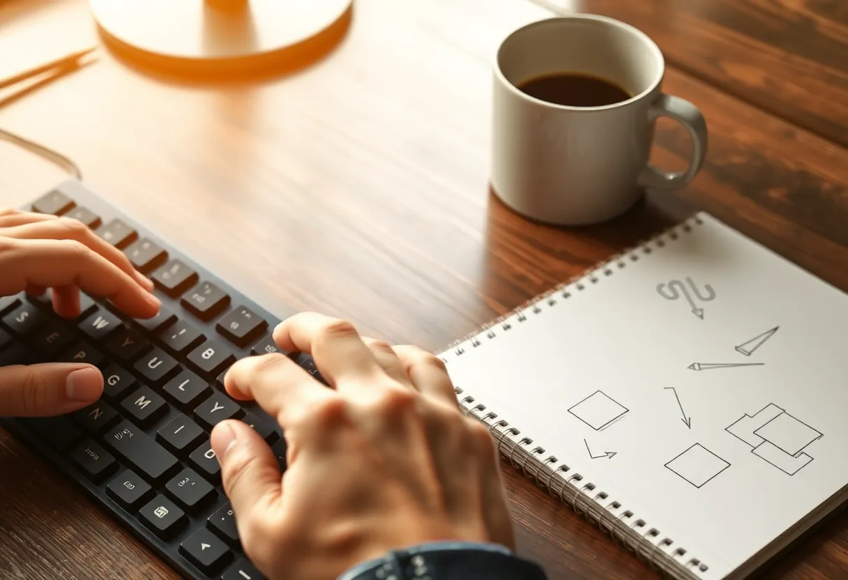 Hands typing on a mechanical keyboard next to a notebook with pencil sketches of boxes and arrows