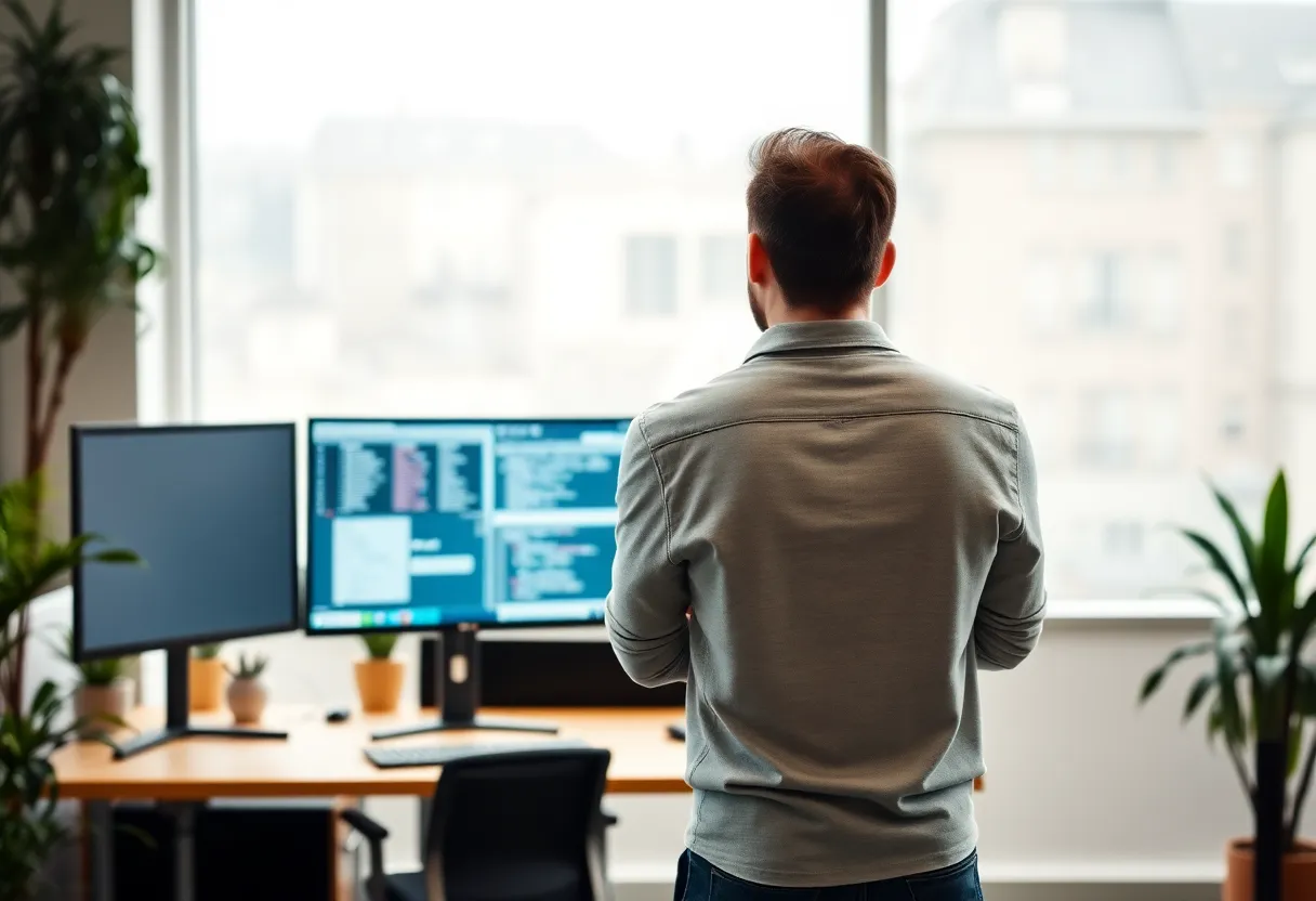 A software engineer standing back from a desk with arms crossed, studying two monitors from a distance