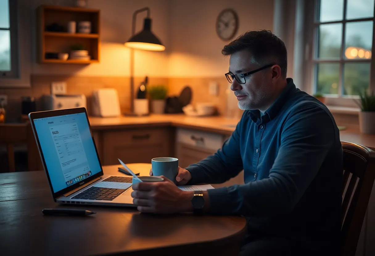 Developer at a kitchen table at night reviewing a laptop next to a paper invoice
