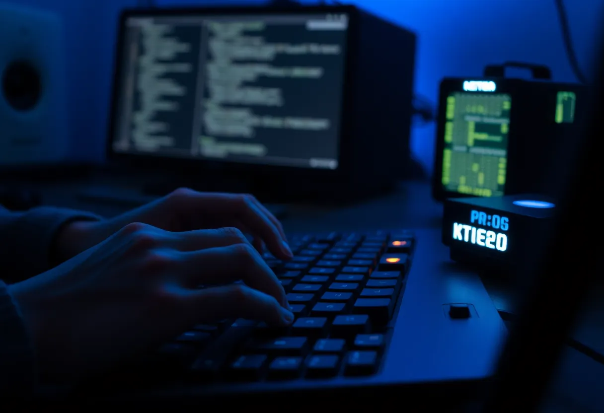 Hands on a keyboard beside a small blinking server on a desk in blue light