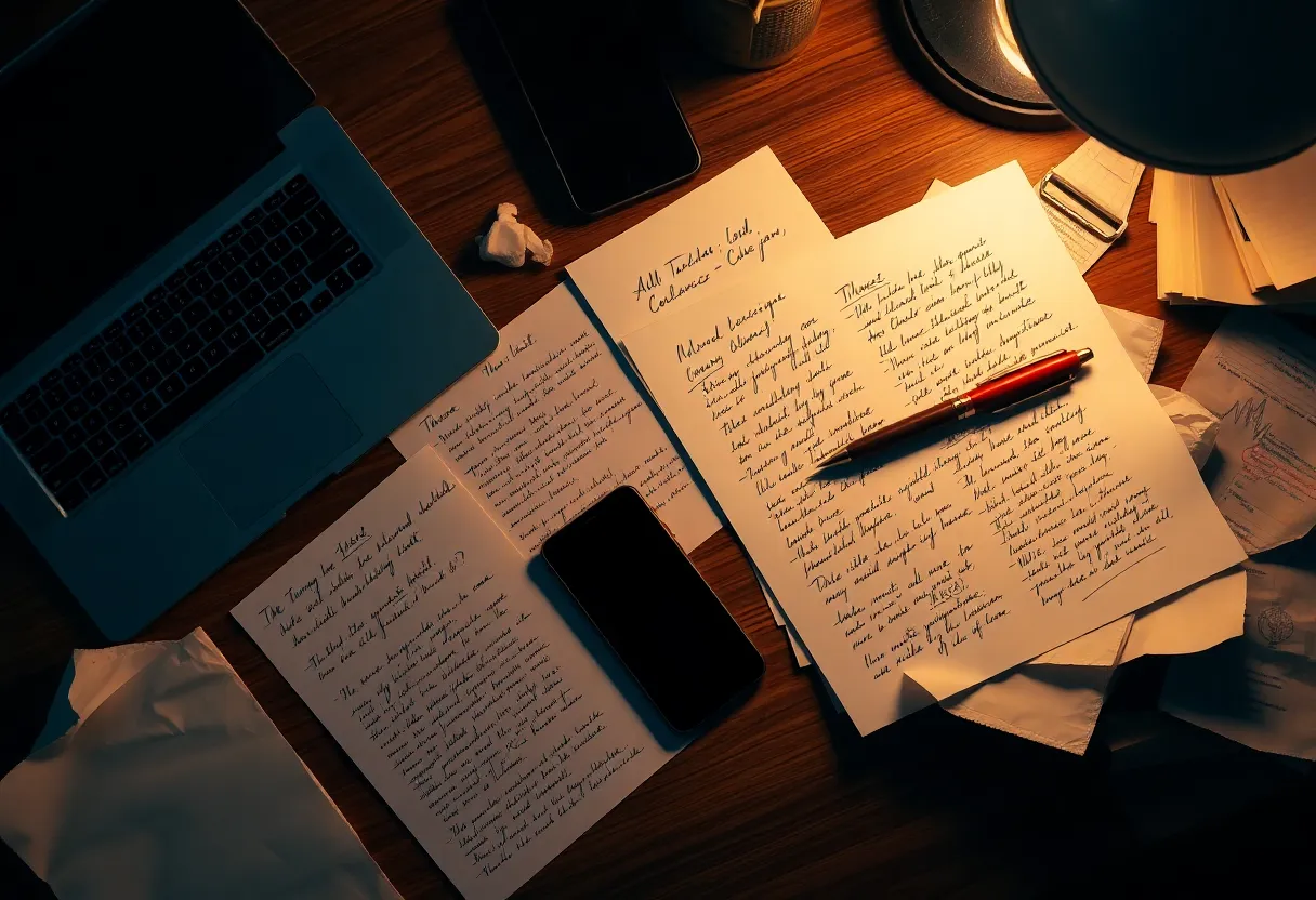 Overhead view of a cluttered desk with a laptop, printed pages covered in handwritten notes, a red pen and crumpled paper