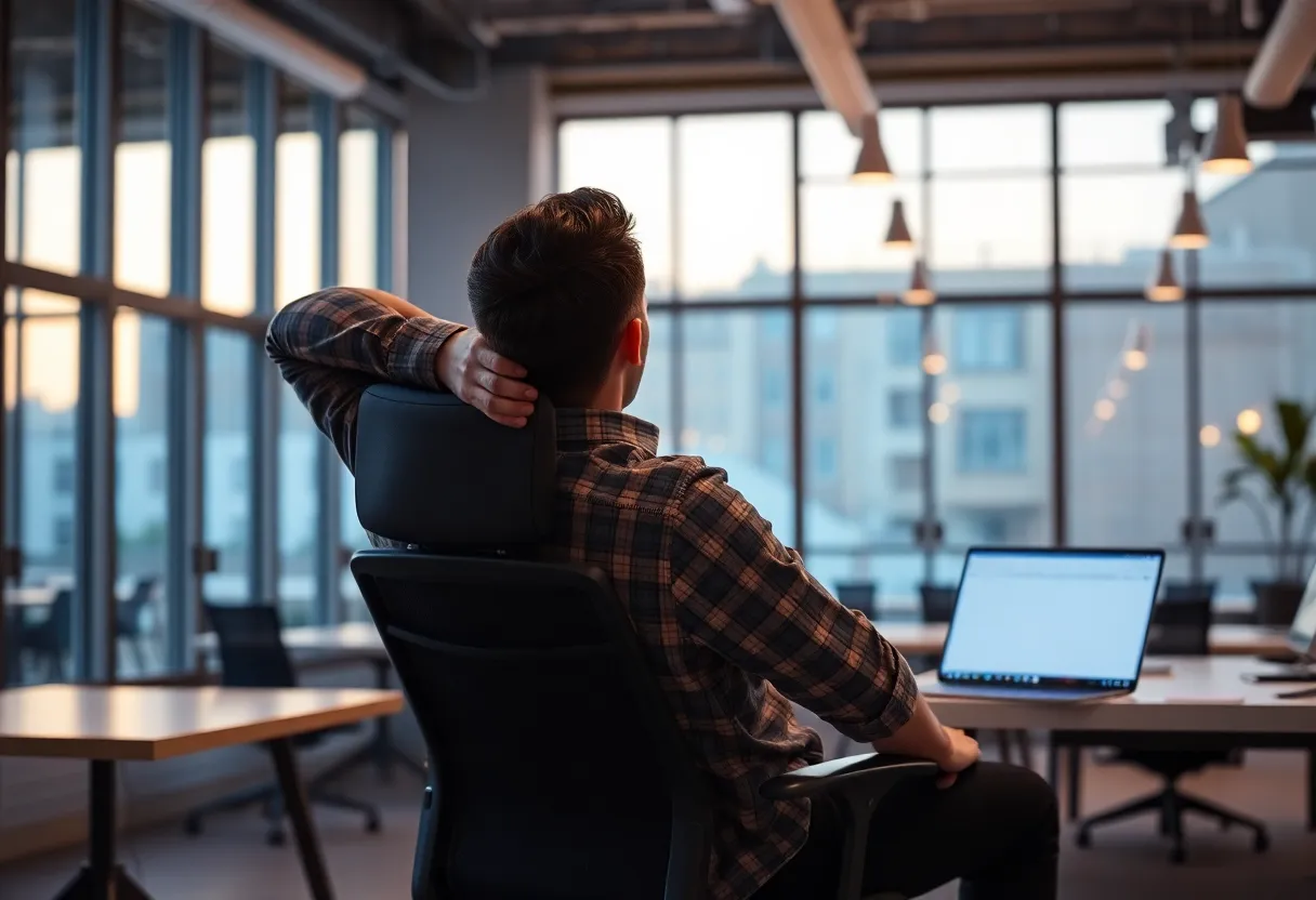 A developer leaning back in an office chair watching a laptop screen in an empty co-working space in the evening