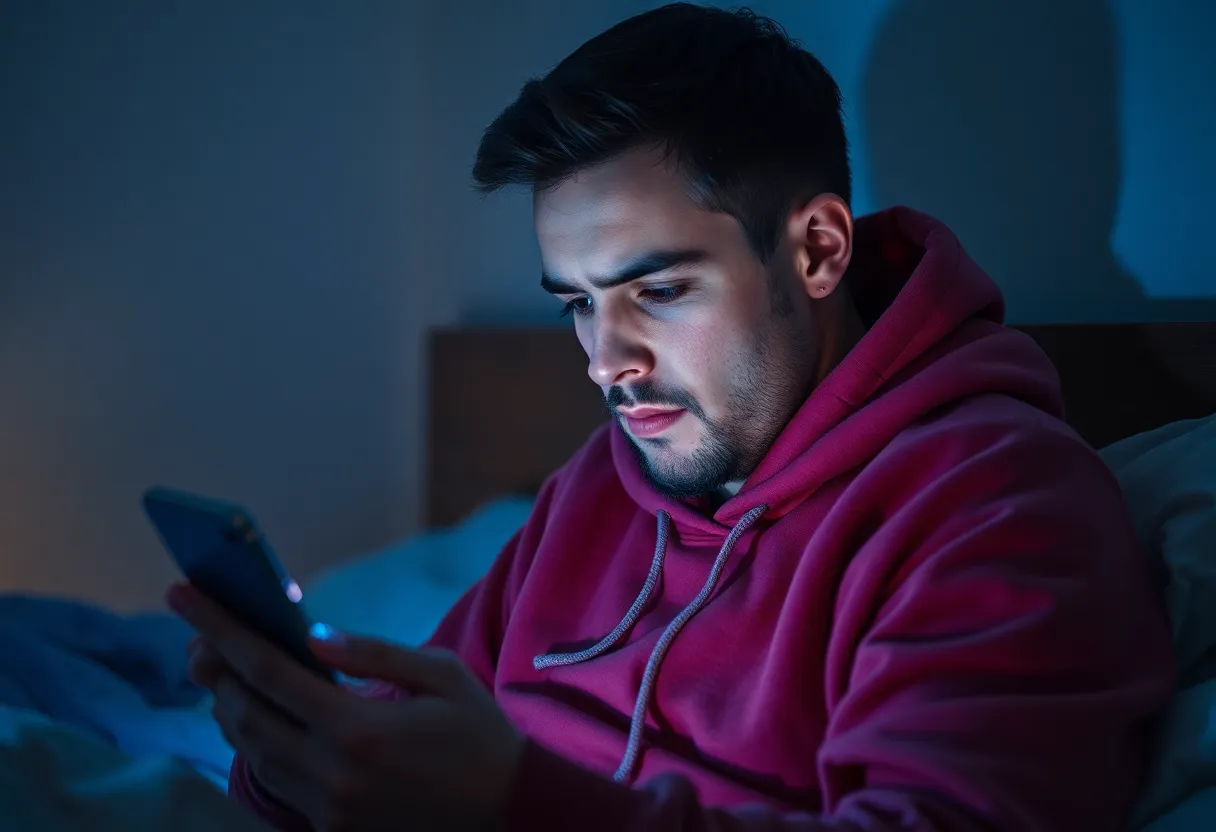 Software engineer checking a phone in bed at night by the light of the screen