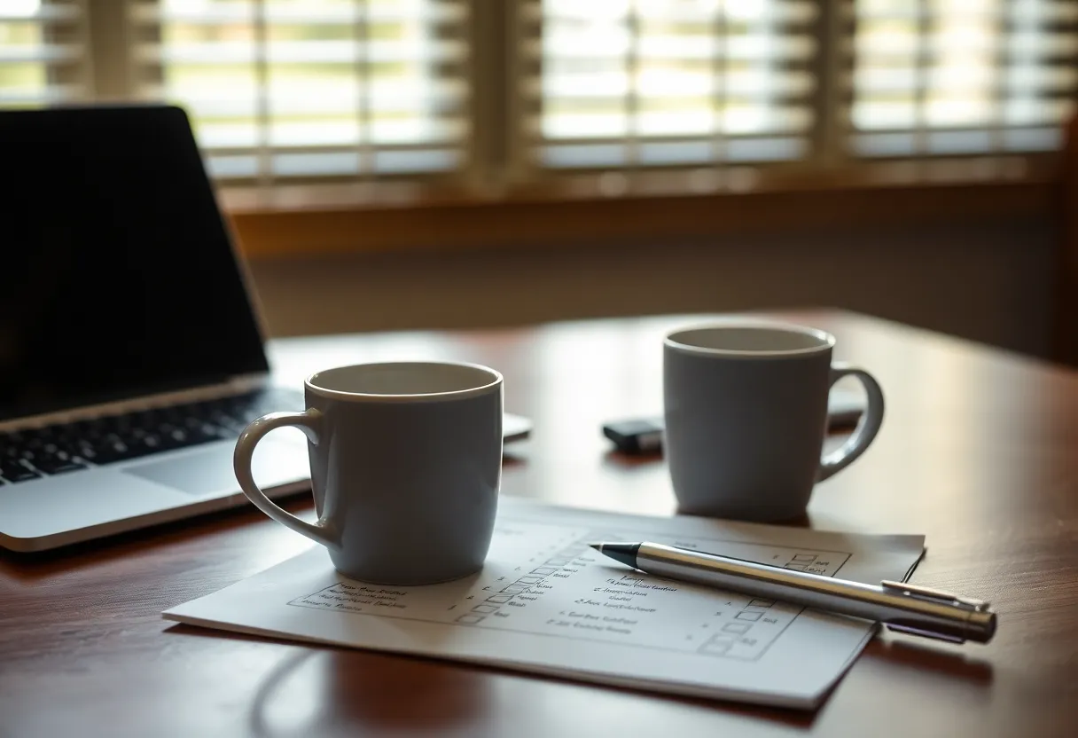 Printed checklist and two coffee cups on a desk beside a closed laptop in morning light