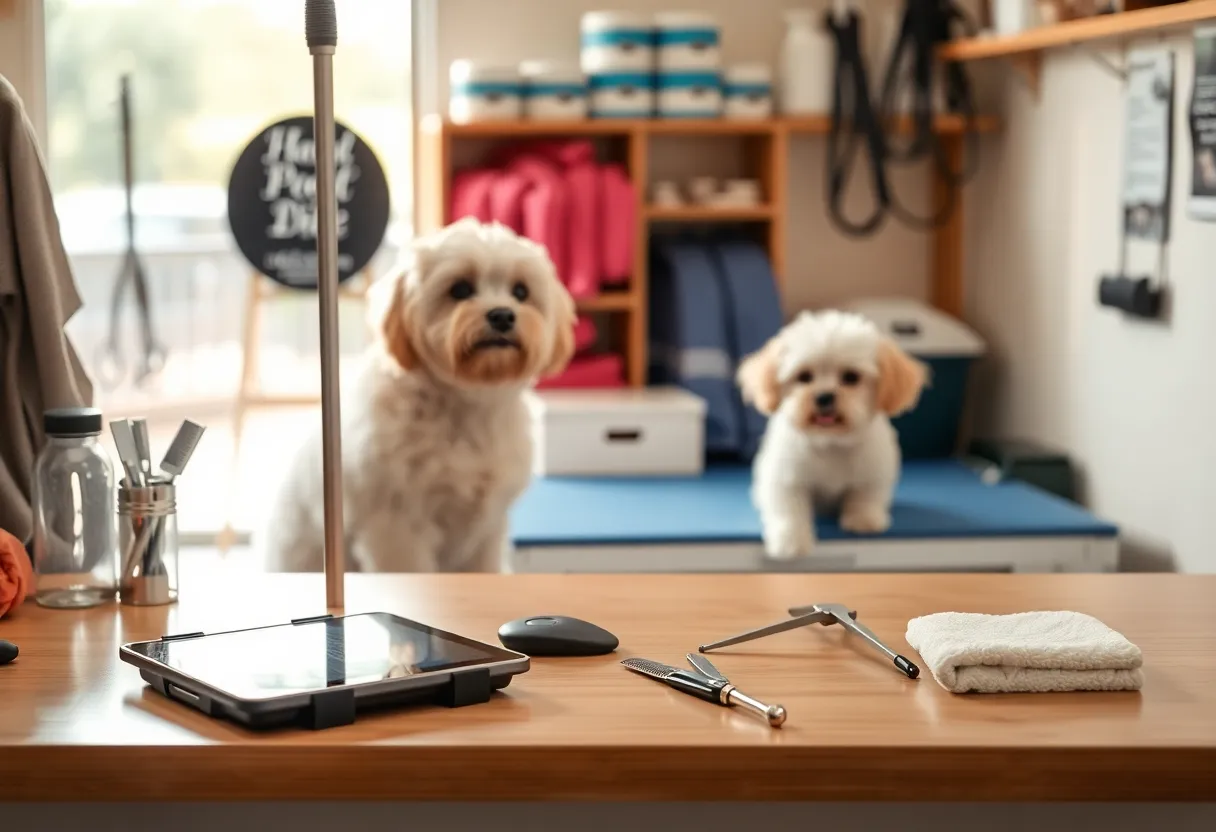 A dog groomer's shop counter with a tablet on a stand, grooming tools, and a small dog on the grooming table in the background