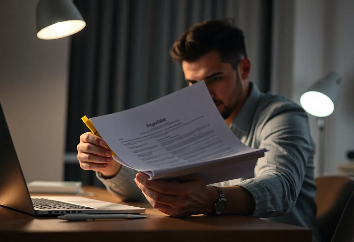 A man at a desk late at night highlighting lines on a printed stack of paper with a yellow marker, a laptop beside him