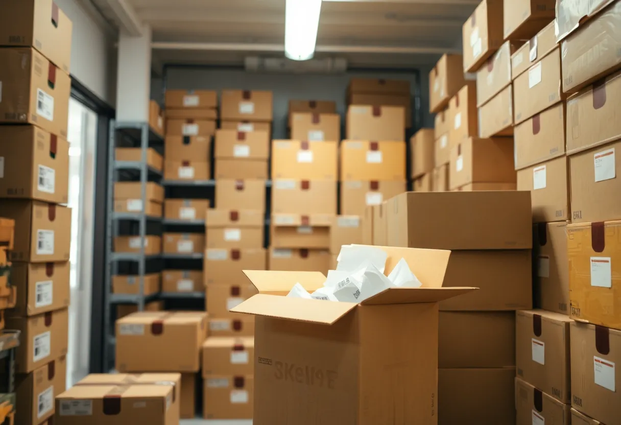 Cardboard shipping boxes stacked in a small shop stockroom with one box open