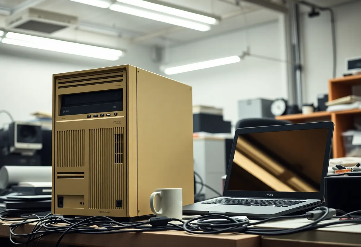An old beige server tower and a modern laptop side by side on a cluttered engineering workbench