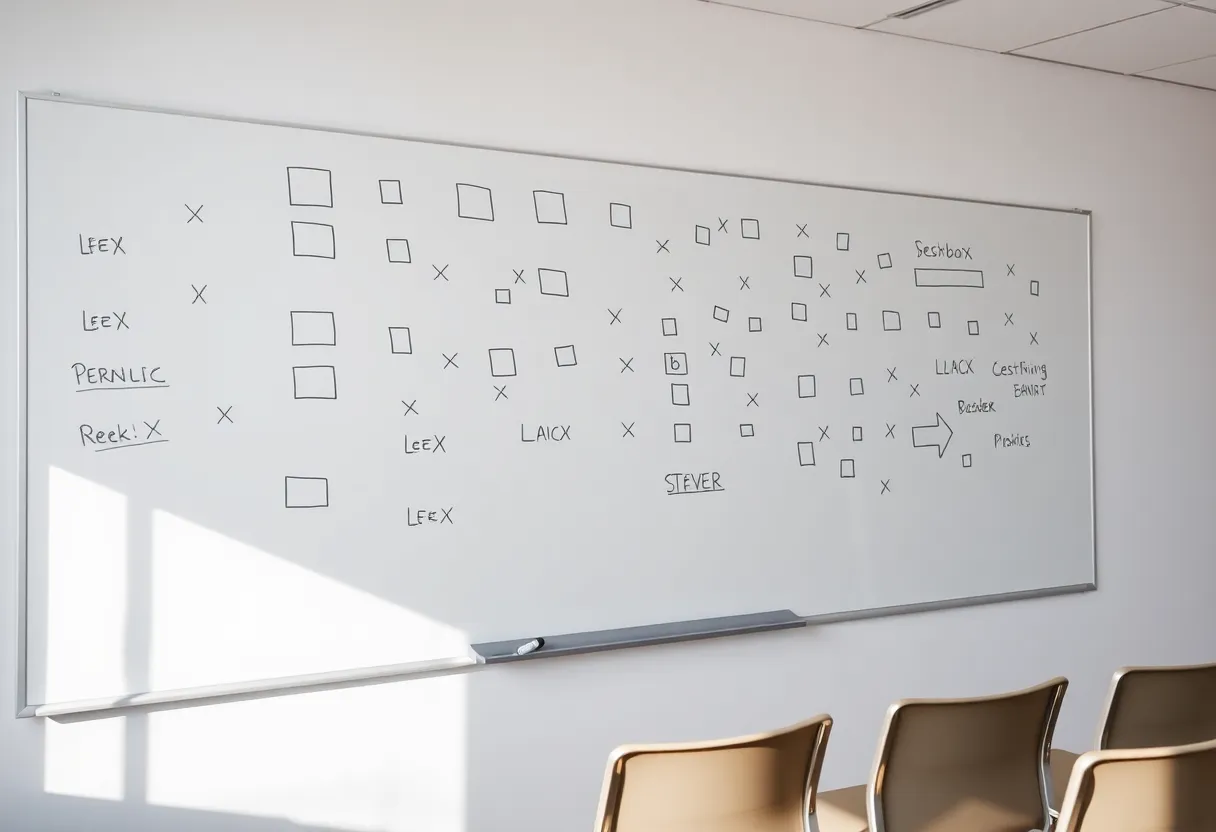 A meeting room whiteboard covered in hand-drawn boxes and arrows, some crossed out, with a marker on the ledge