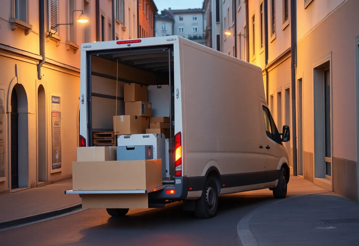 Moving van partly loaded with furniture and boxes on a narrow street at dusk