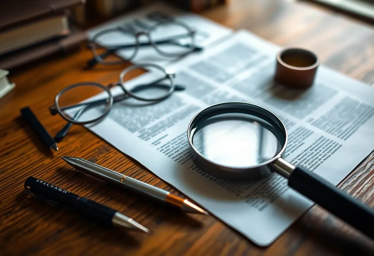 A magnifying glass resting on printed sheets of paper on a wooden desk, with reading glasses and a pen nearby