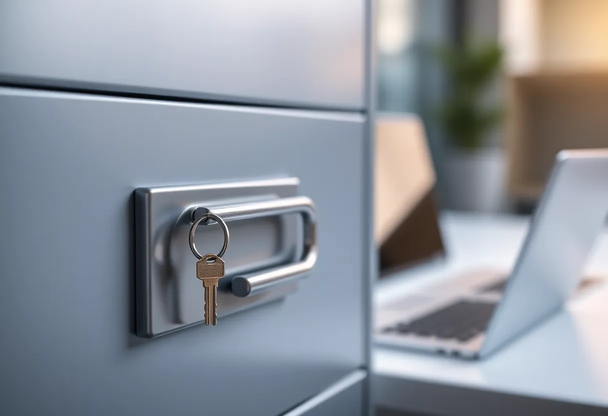 A locked metal filing cabinet drawer with a small key in the lock in a modern office