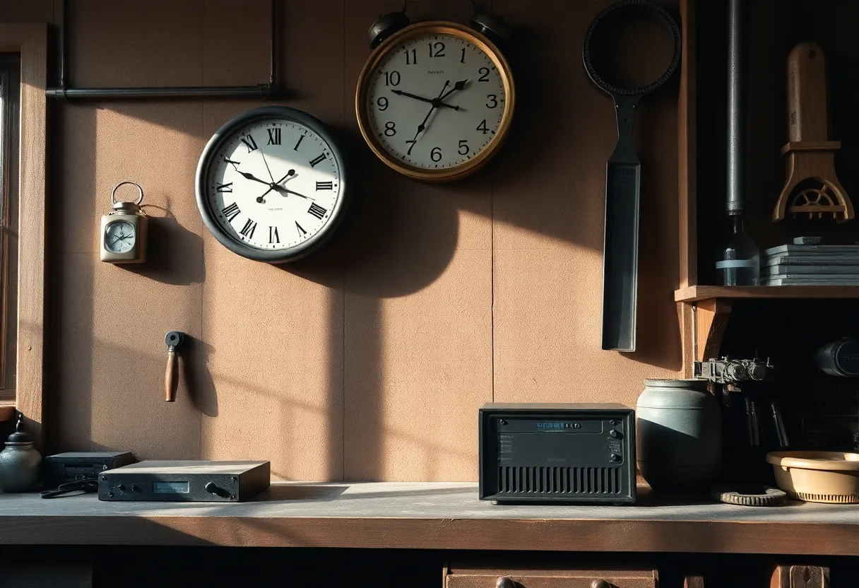 Brass wall clock above a workbench with a small always-on server beneath it