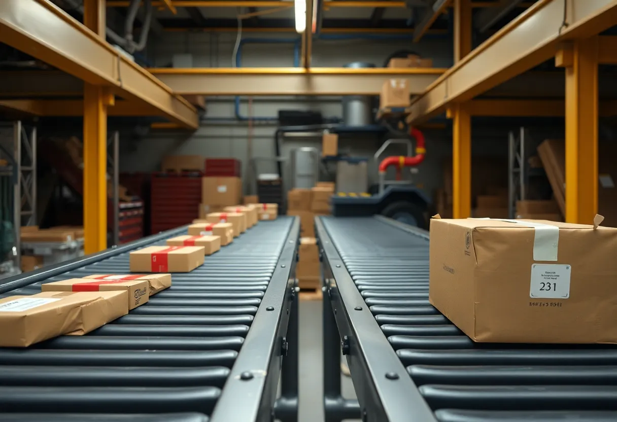 Two conveyor belts in a parcel sorting room, one carrying small packages and one carrying heavy boxes