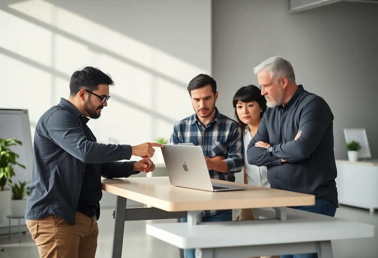 A small engineering team gathered around one laptop at a standing table, one person pointing at the screen
