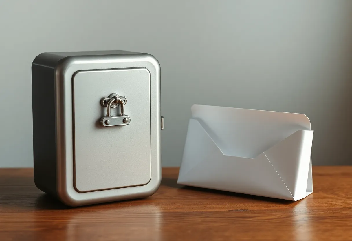 Locked metal lockbox beside an open empty envelope on a wooden table