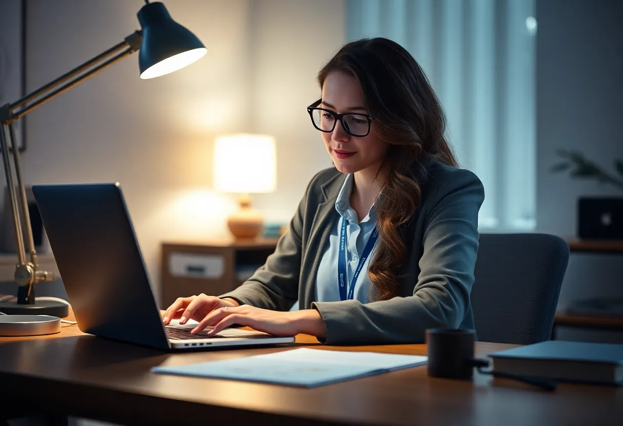 Security engineer at a desk in the evening with a laptop and a hardware security key plugged in