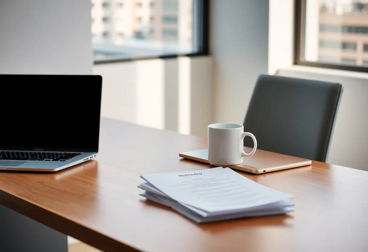 A first-day desk with a laptop, a welcome mug and a stack of printed onboarding papers