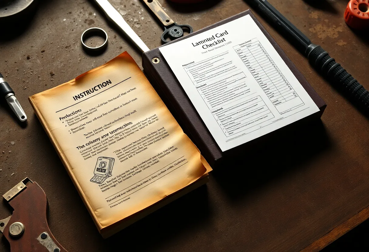 An old instruction booklet next to a new laminated checklist card on a workshop bench