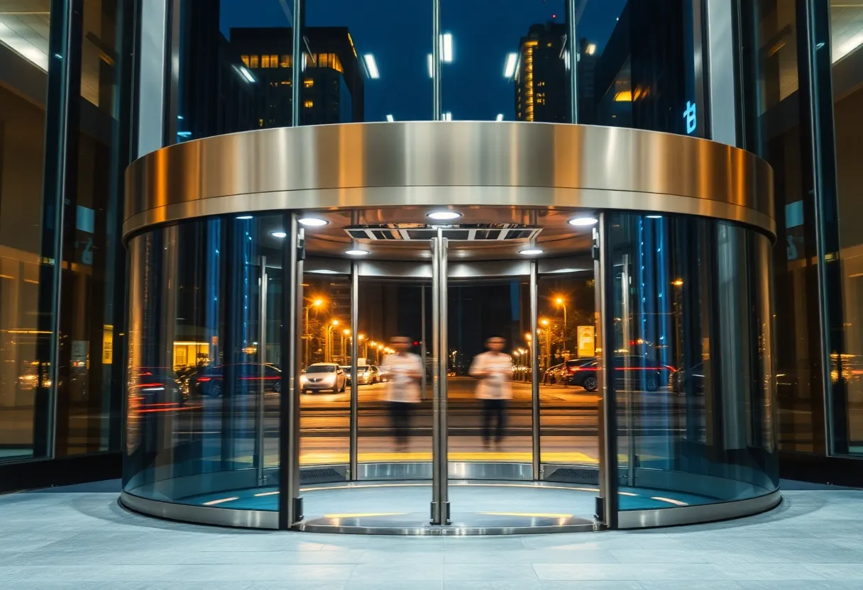 Glass revolving door spinning at a building entrance with nobody passing through