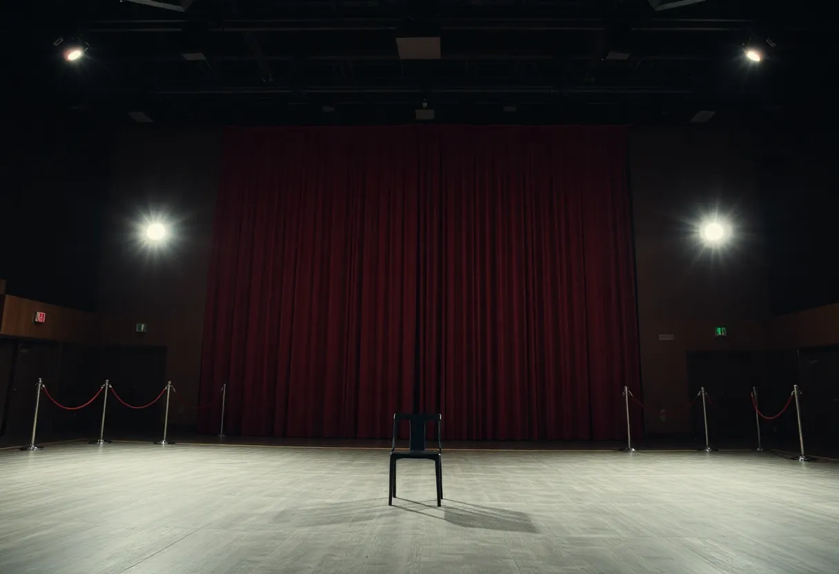 Empty theatre stage under work lights with a single chair and backstage ropes