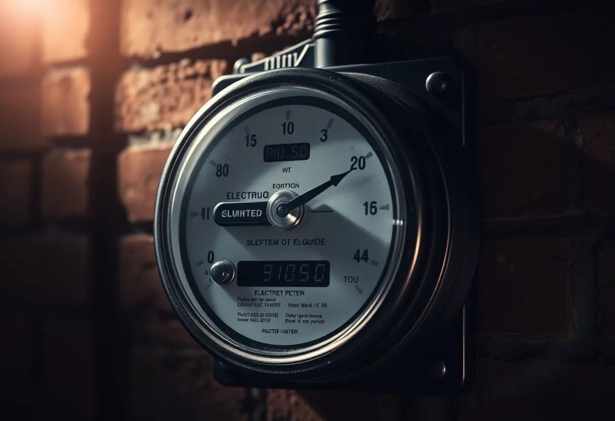 An old analog electricity meter with a spinning dial mounted on a brick wall
